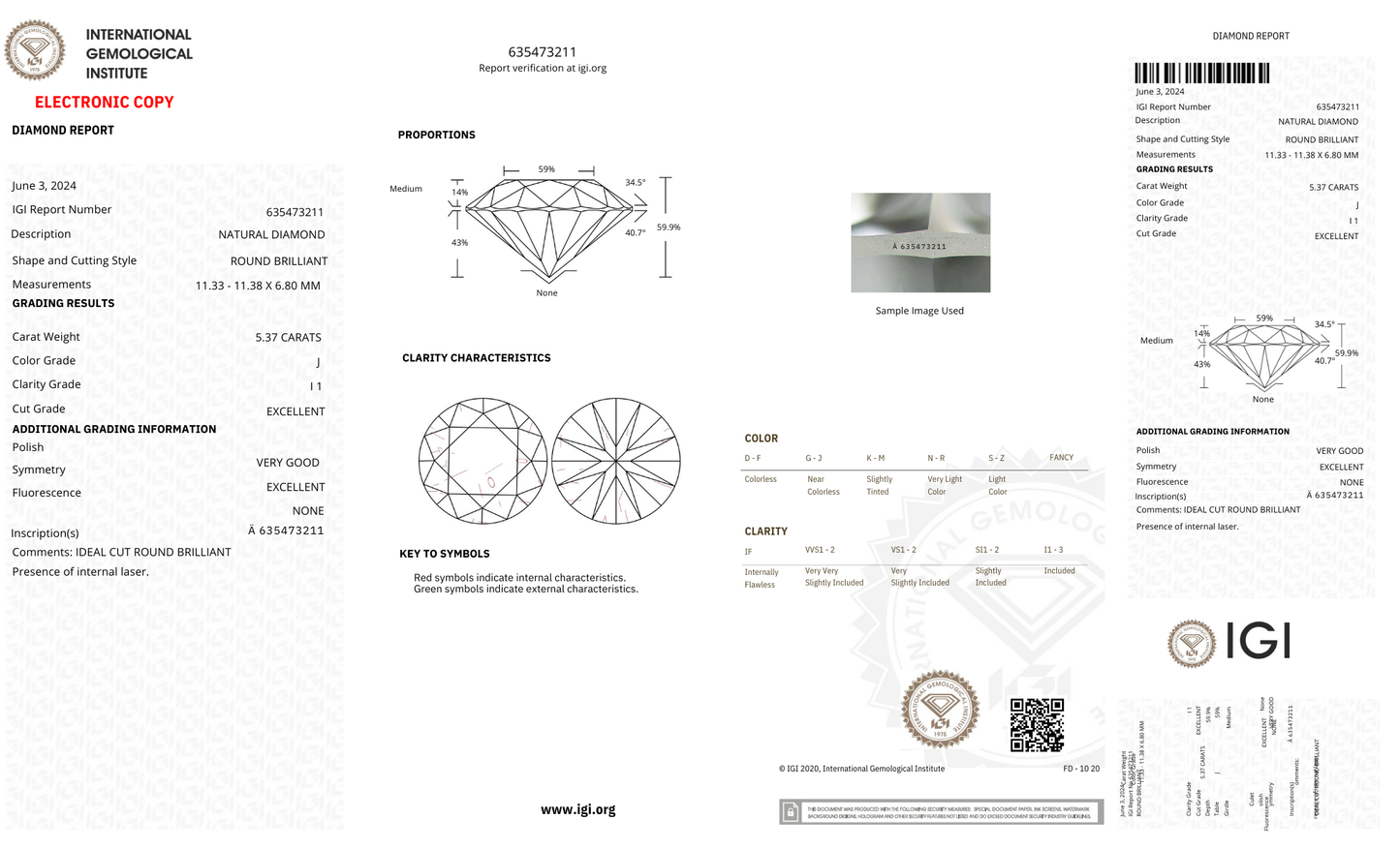 Round 5.37ct J-SI1 Loose Natural Diamond Solitaire