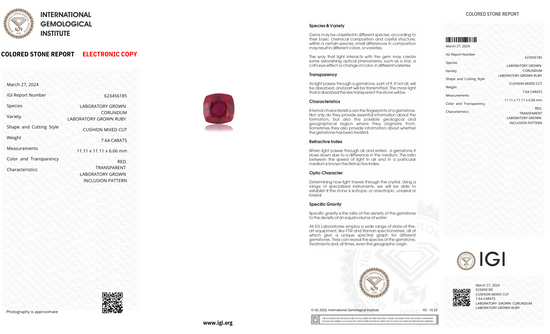 Lab Grown ruby cushion Shape 7.64ct | Exquisite Gemstones - Fiona Diamonds - Fiona Diamonds