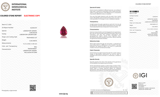 Lab Grown ruby pear Shape 4.28ct | Exquisite Gemstones - Fiona Diamonds - Fiona Diamonds