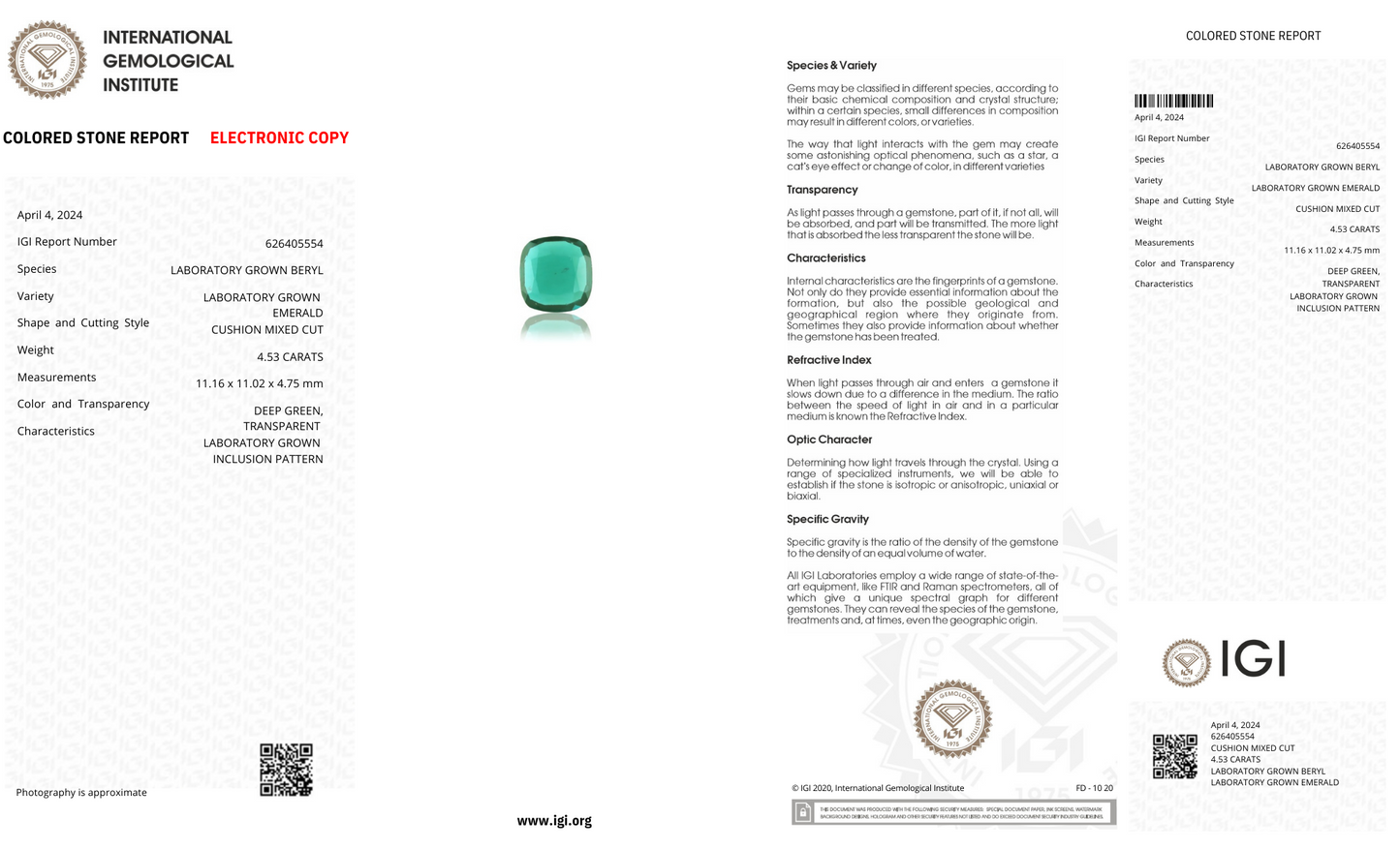 Lab Grown Zambian Emerald Cusion Shape 4.53ct | Exquisite Gemstones - Fiona Diamonds - Fiona Diamonds