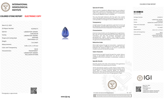 Lab Grown Light blue sapphire Pear Shape 1.55ct | Exquisite Gemstones - Fiona Diamonds - Fiona Diamonds