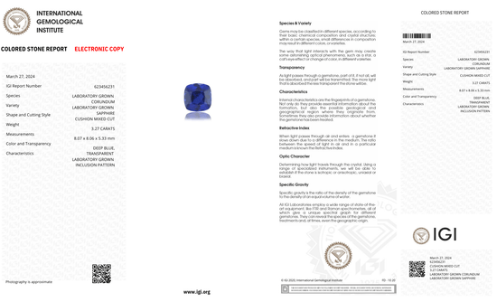 Lab Grown deep blue sapphire cushion Shape 3.27ct | Exquisite Gemstones - Fiona Diamonds - Fiona Diamonds