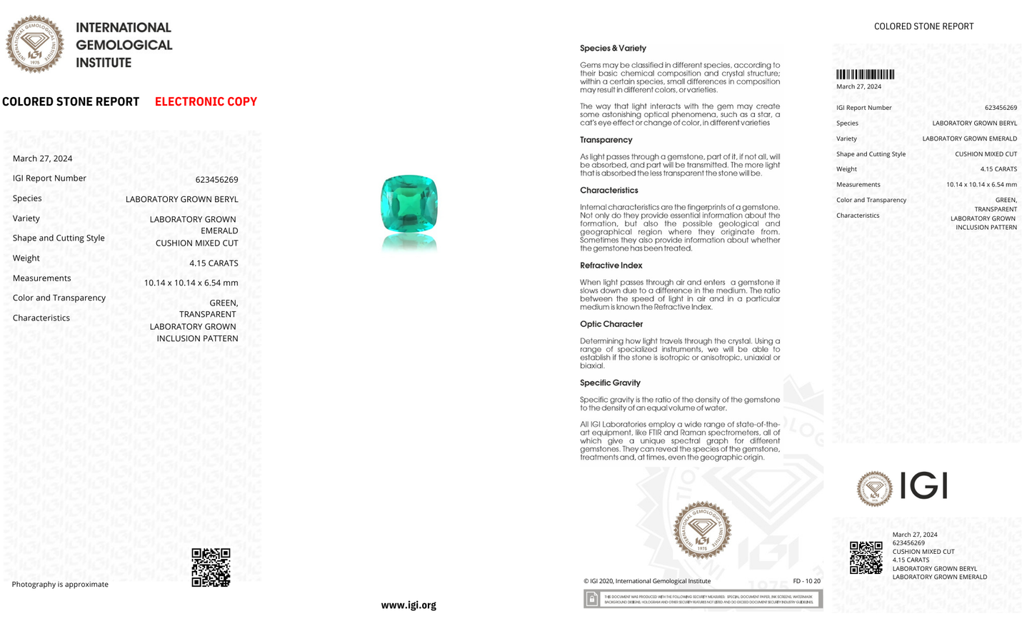 Lab Grown Colombian Emerald Cushion Shape 4.15ct | Exquisite Gemstones - Fiona Diamonds - Fiona Diamonds