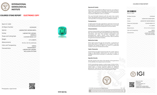 Lab Grown Colombian Emerald Cushion Shape 4.15ct | Exquisite Gemstones - Fiona Diamonds - Fiona Diamonds